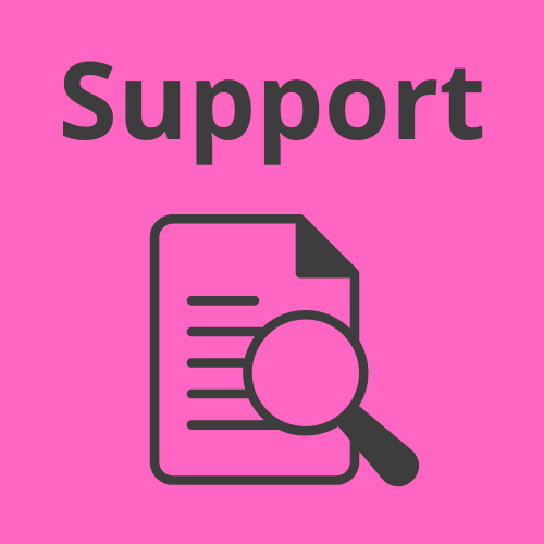 Graphic shows a pink square with a magnifying glass and sheet of paper. Text reads 'Support'.