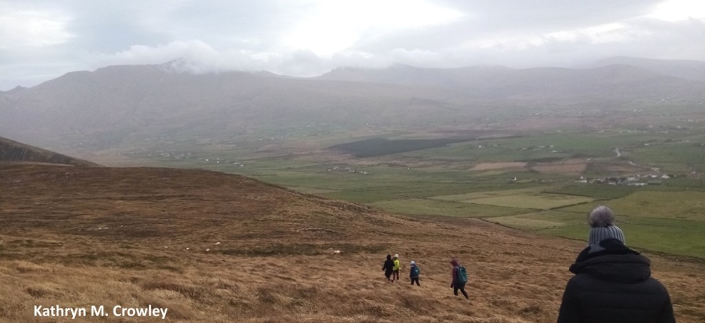 Five people are walking through a bog with mountains all around them.