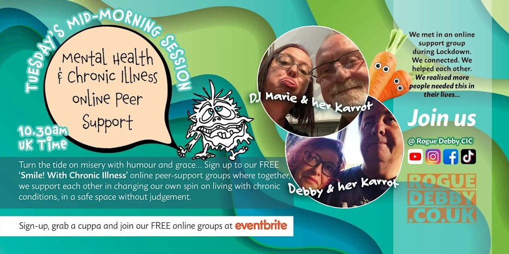 Photos of four people with cartoons. Text reads 'Mental health and chronic illness online peer support'.
