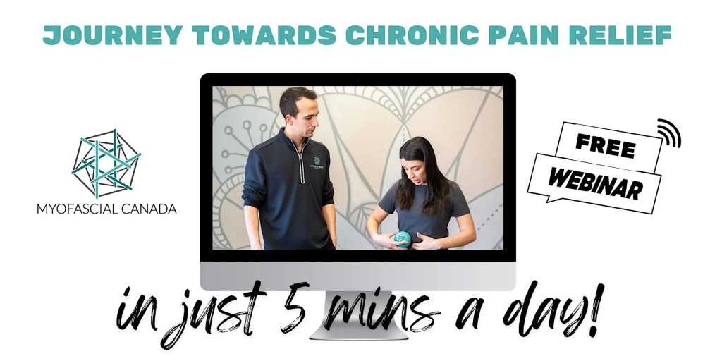A man and a woman. She is pressing a ball into her side. Text reads 'Journey towards chronic pain relief'.