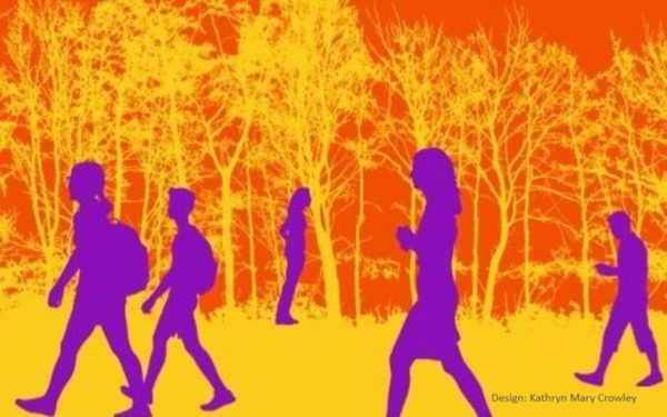 Graphic design of people walking by trees. © Kathryn Mary Crowley 2020. The sky is orange, trees and grass are yellow. The people are purple.