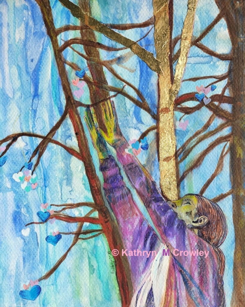 Painting of a woman reaching skywards, arms stretched out. The tree has hearts growing on it.